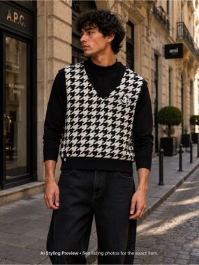 Felix the Cat M-XL Houndstooth Knit Sweater Vest Black off white Oversized